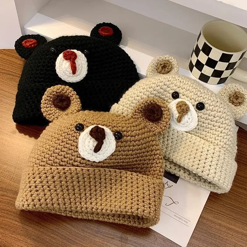 

Thickened Warm Hand-Knitted Bear Pullover Printing Solid Color Fashionable Cap Unisex Cute Couple Knitted Hat for Autumn Winter