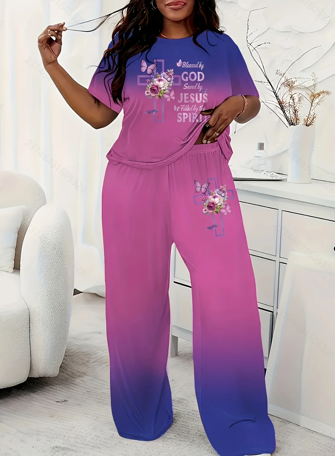 Plus size casual short-sleeve and long-pants women's set, featuring gradient color loose short sleeve and long-pants set with i