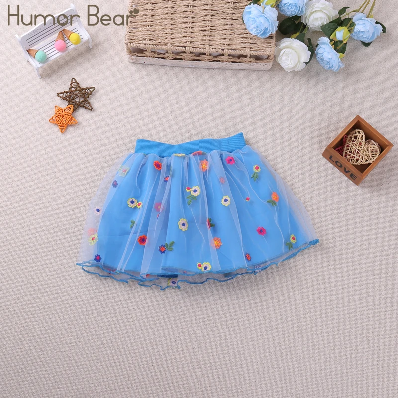 Humor Bear Kids Clothes Floral Embroidery Design Elastic Waist Tulle Fairy Skirt Delicate Girls Party Costume