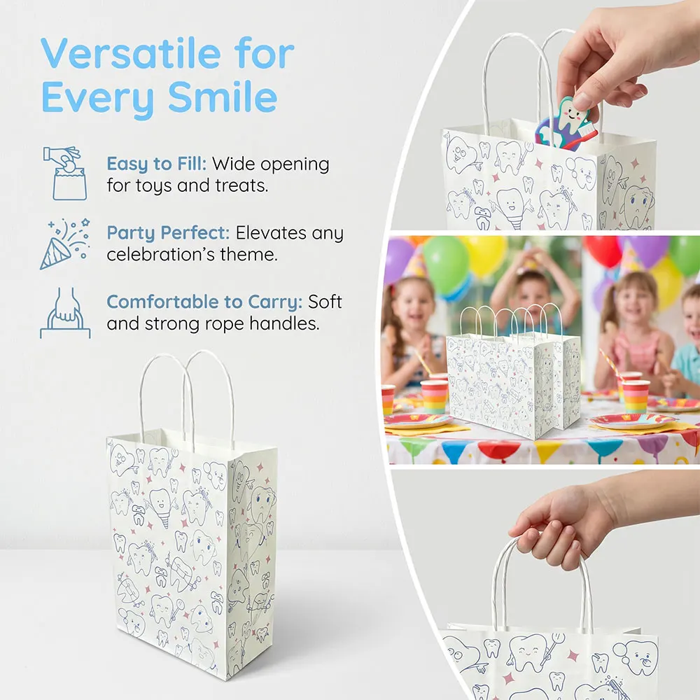 10pcs Dental Themed Paper Gift Bags Cute Cartoon Tooth Pattern Handles Kraft Bags Party Favor Hand Bag Dentistry Souvenir Gift