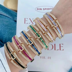 Fashion Rainbow Zircon Gems Three Layer Stone Pave Strap Design Gold Color Bangle Rings Jewelry for Woman