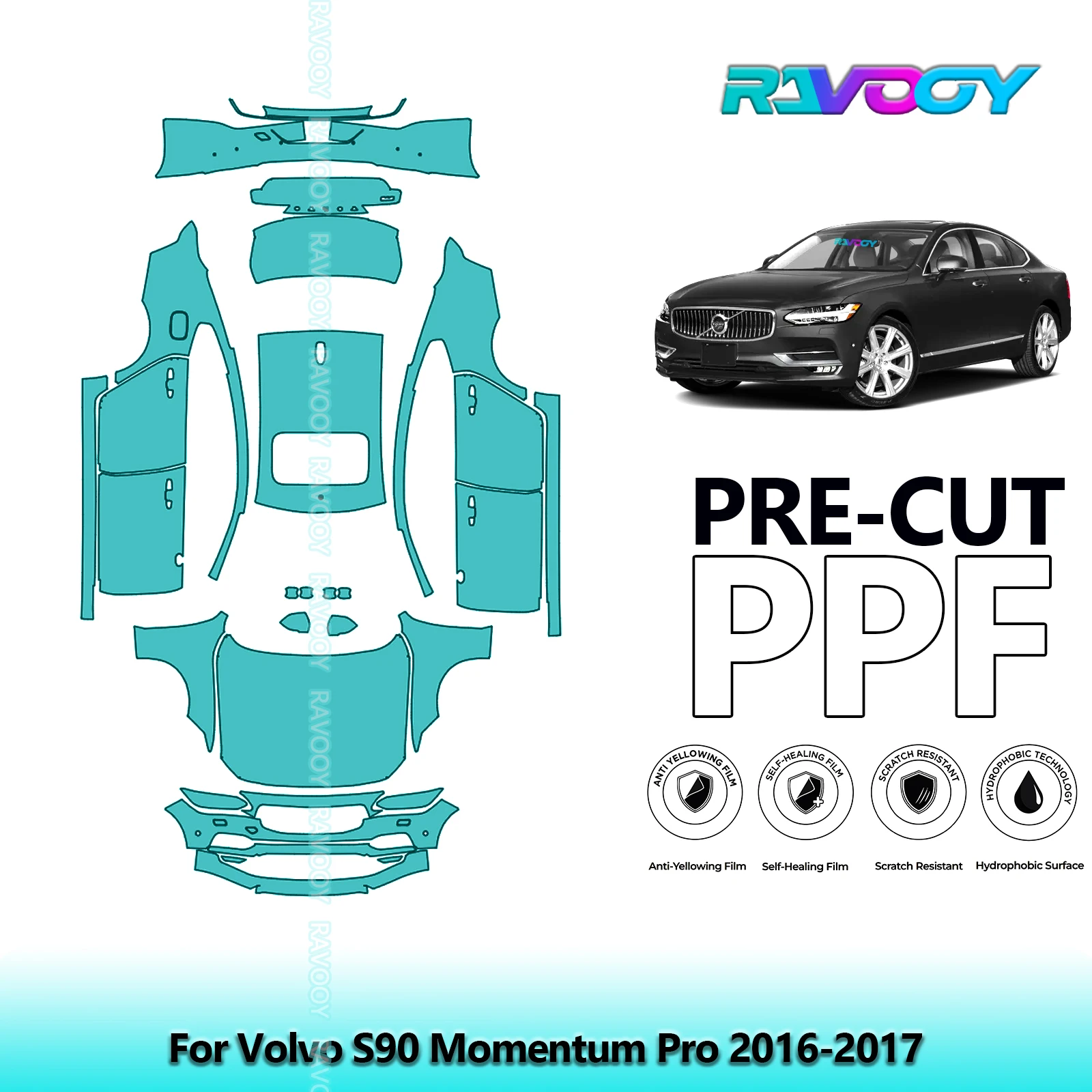 RAVOOY Custom-Fit Precut TPU PPF Full Vehicle Clear Bra Stone Guard EU UK For Volvo S90 Momentum Pro 2016-2017