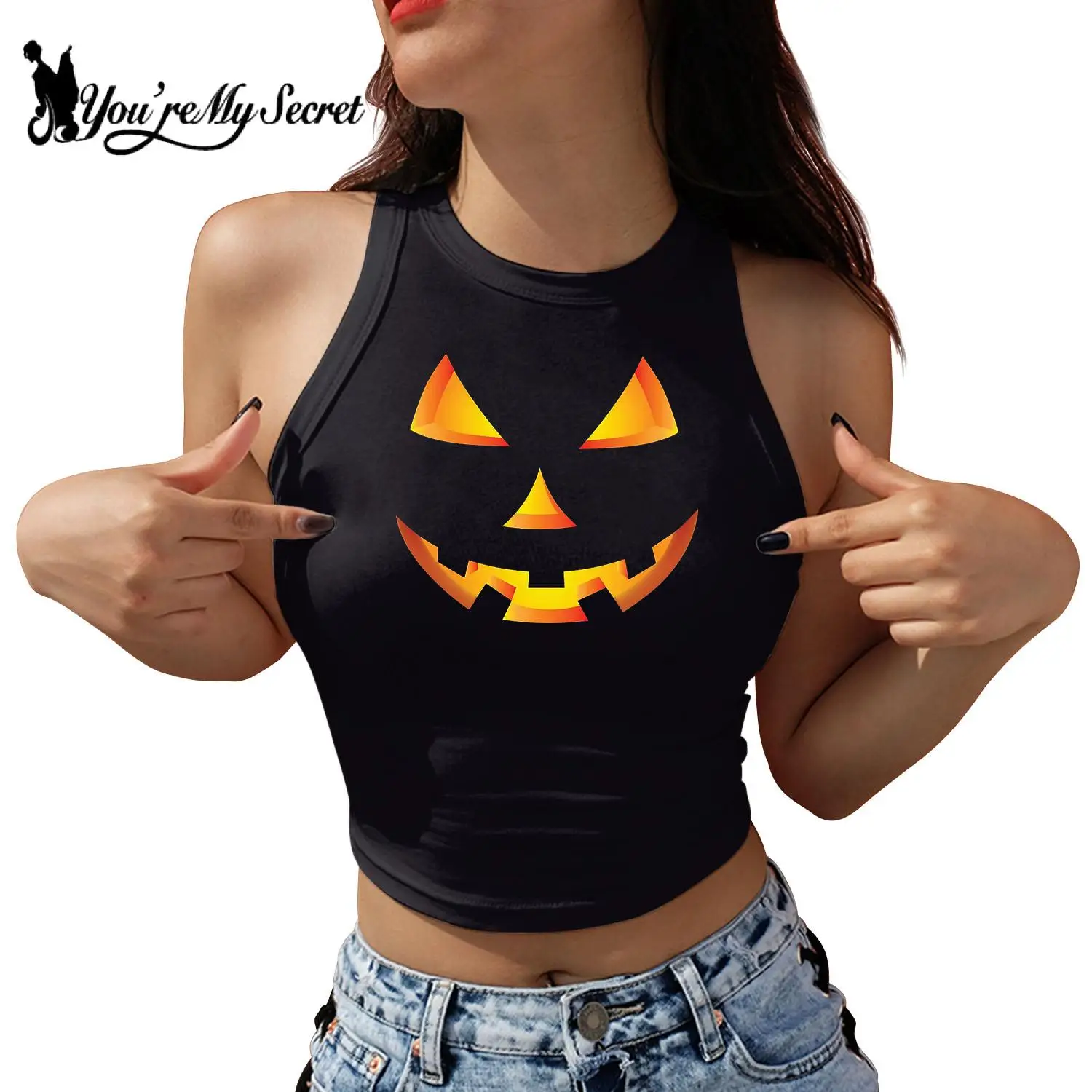 [You're My Secret] Women Vest Goth Vintage Sleeveless Tank Streetwear Halloween Print Y2K Sexy Crop Top Shirt Slim Tee Summer