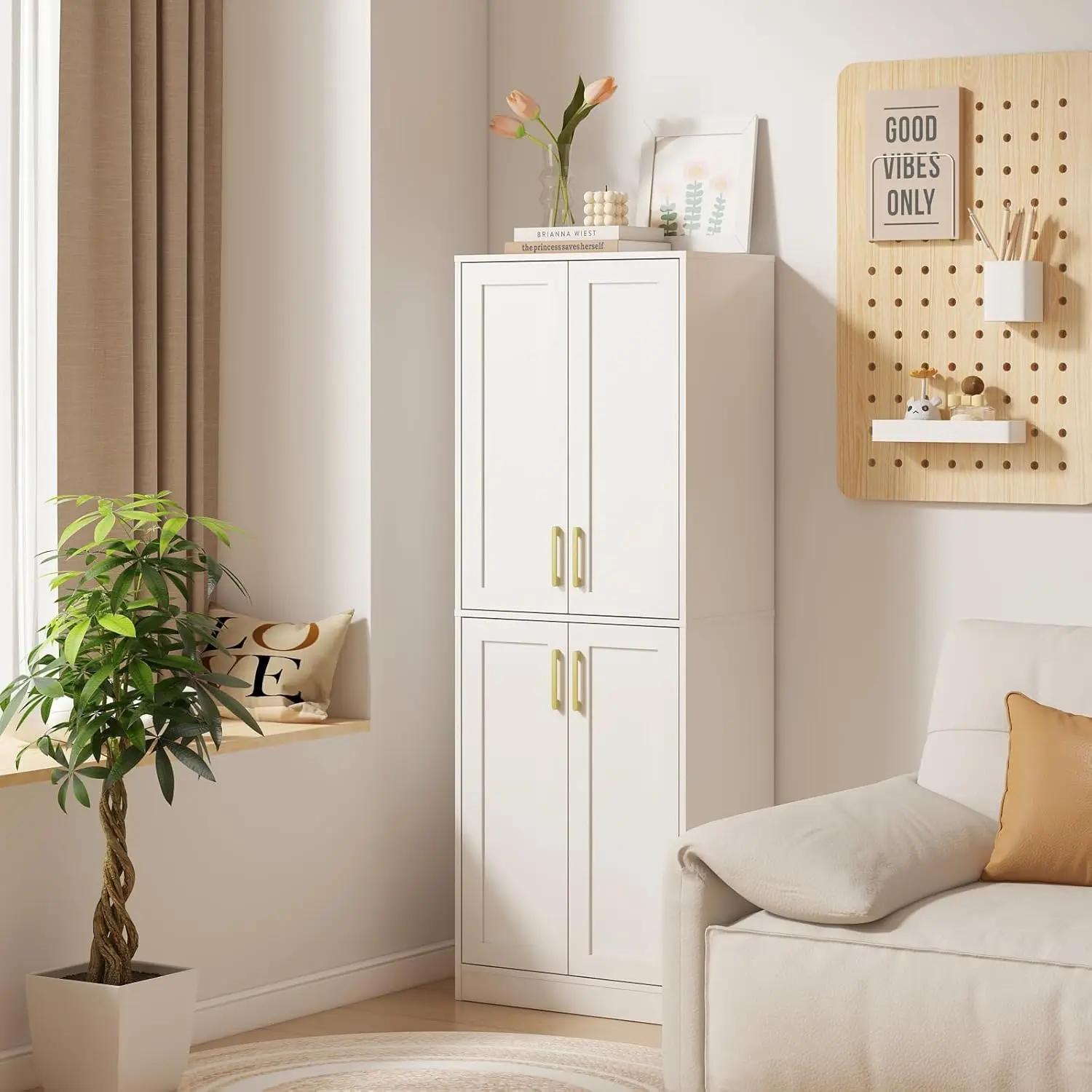 

Storage Cabinet, Kitchen Cabinet with Doors & Shelf, Tall Storage Cabinet for Bathroom, Living Room, Entryway,White