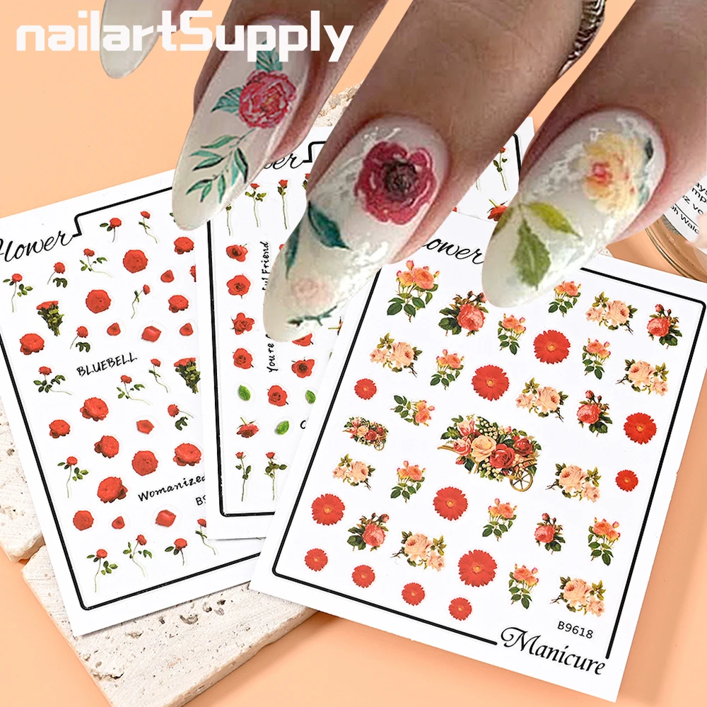 3D Nail Art Stickers Watercolor Flowers Colorful Flower Nail Art Decals Beauty Flower Decoration For Tips Nails Beauty Accessory