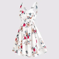 Ruched Bust Side Lace Up Flower Casual Floral Es Flare Square Neck Dress Mini Women 2023 Dress