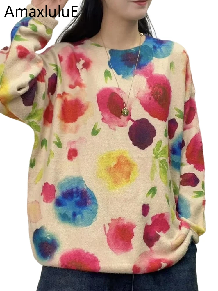 Amax luluE 2025 سترات نسائية شتوية مطبوعة فضفاضة دافئة سترات نسائية فاخرة كبيرة الحجم برقبة دائرية ملابس تريكو غير رسمية