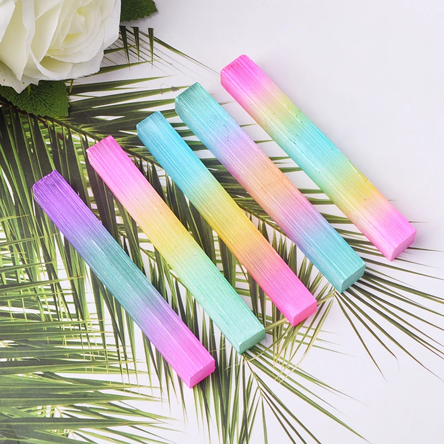 

5pcs Wholesale Beautiful Rainbow Aura Selenite Sticks TItanium Coated Satin Spar Crystal Bar Wands Protection Healing Grid