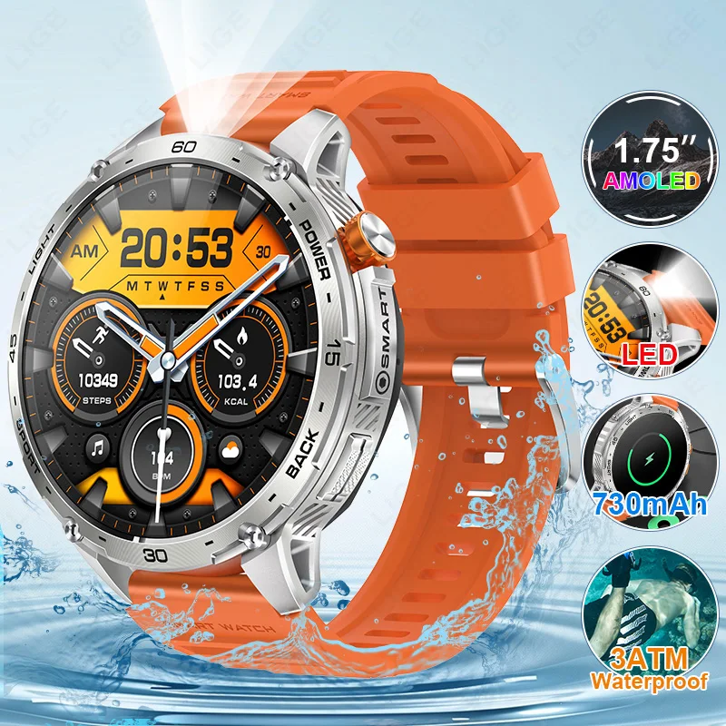 

Choice LIGE Smart Watch 730mAh Large Battery Flashlight AMOLED HD Display 3ATM Waterproof Outdoor Sports Military Men Smartwatch