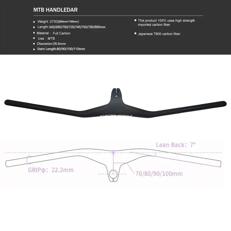 Guidon VTT Carbone XC - Fibre De Carbone, Largeur 660-800mm, Pente 9°, Potence Intégrée, 260g