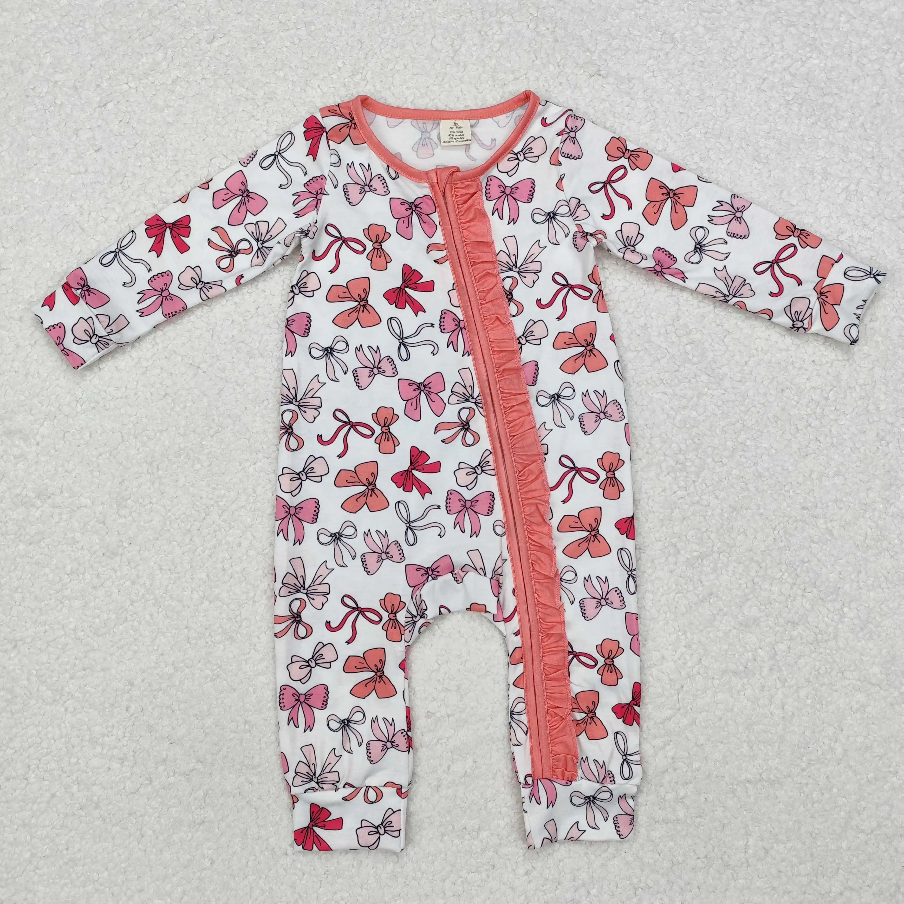 2024 New Fall Spring Design Newborn Baby Girls Pretty Pink Bow Print Soft Long Sleeve Zippy Bamboo Romper