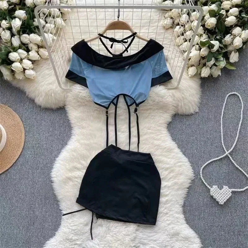 Women's 2 Piece Outfits Short Sleeve Top and High Waist Skirt Fashion Uniforms Style Badge Design for Party Casual Wear