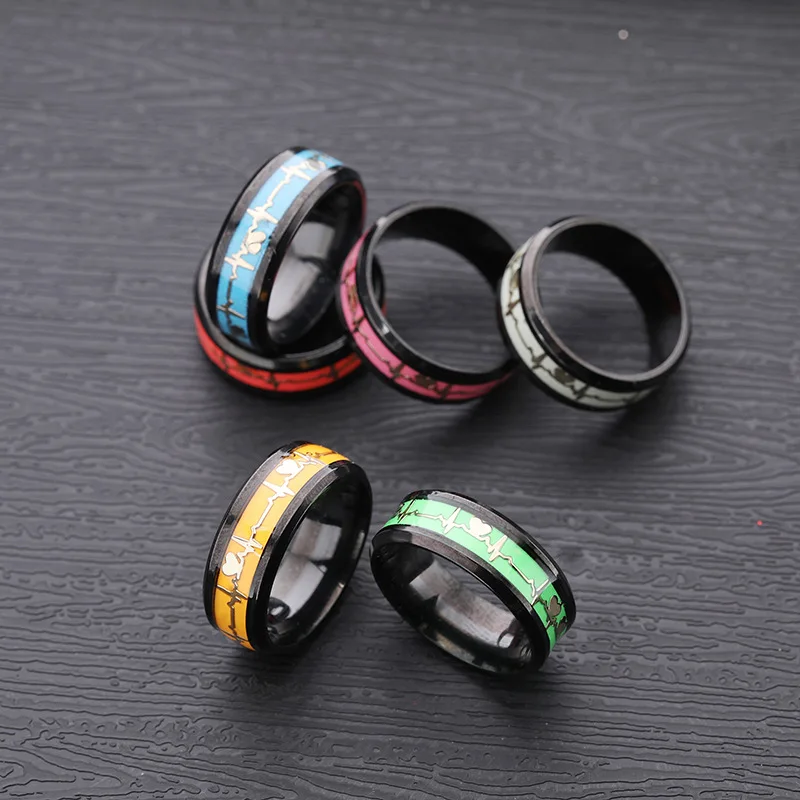 Fashion Love Heart Glow Rings ECG Luminous Titanium Steel Teenager Heartbeat Fluorescence Couple Rings for Boys Girls Gifts