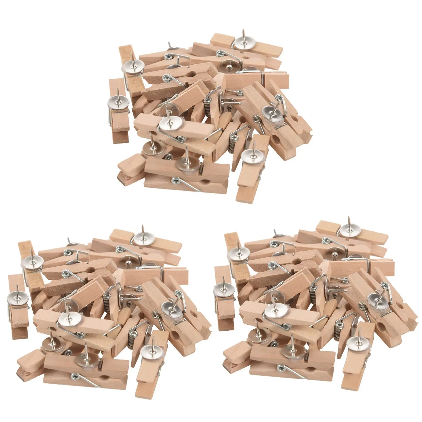 Push Pins With Wooden Clips Pushpins Tacks Thumbtacks, Creative Paper Clips With Pins Natural Color 60Pcs