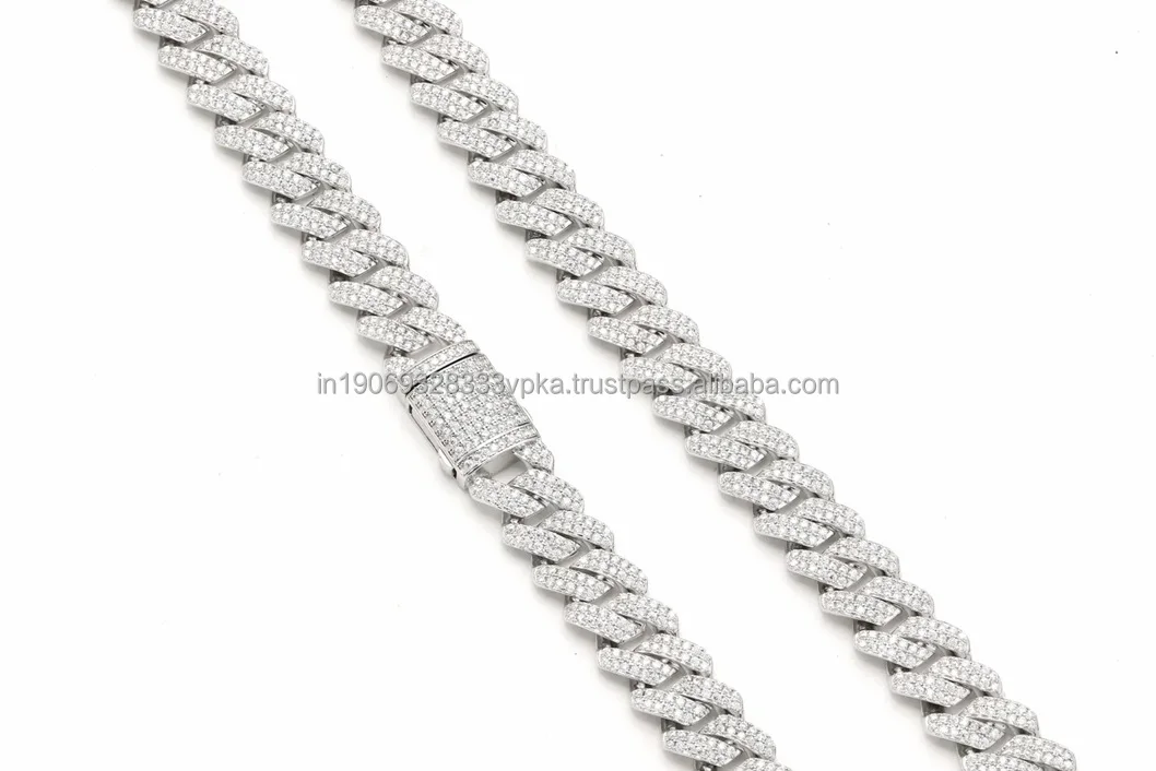 Vana Jewels Moissanite Brilliant Cut Monaco Cuban Link Chain 925 Sterling Silver Hip Hop Style Necklace Women's Wedding，