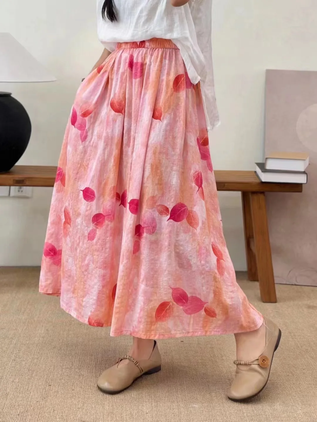 Mori kei fashion elastic waisted long leaves printed midi skirts for women cotton long skirts Fall clothes 2024 women longuette