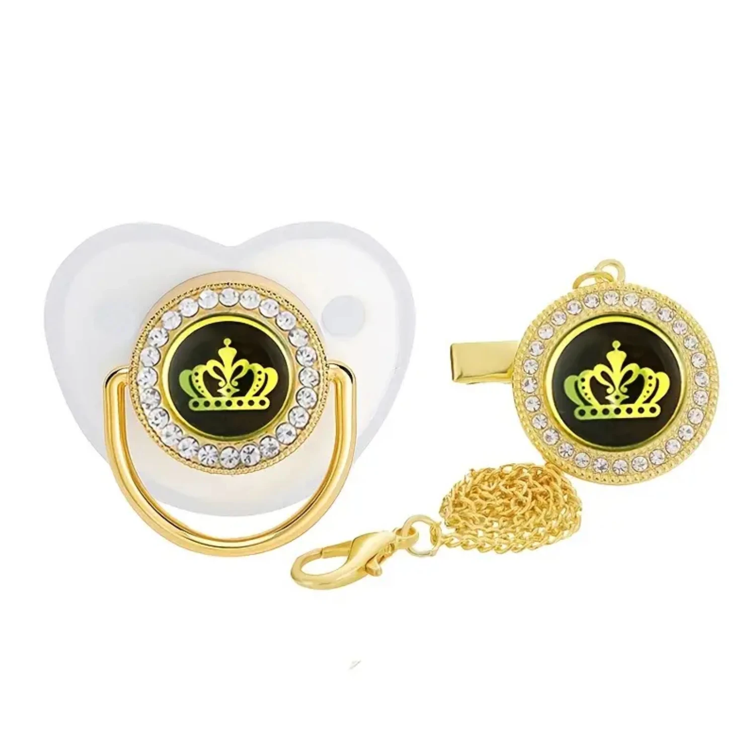 Playful and Luxurious Golden Prince Rhinestone Baby Pacifier for Regal Mouthfuls and Royal Comfort - Accessory with Chain Clip F