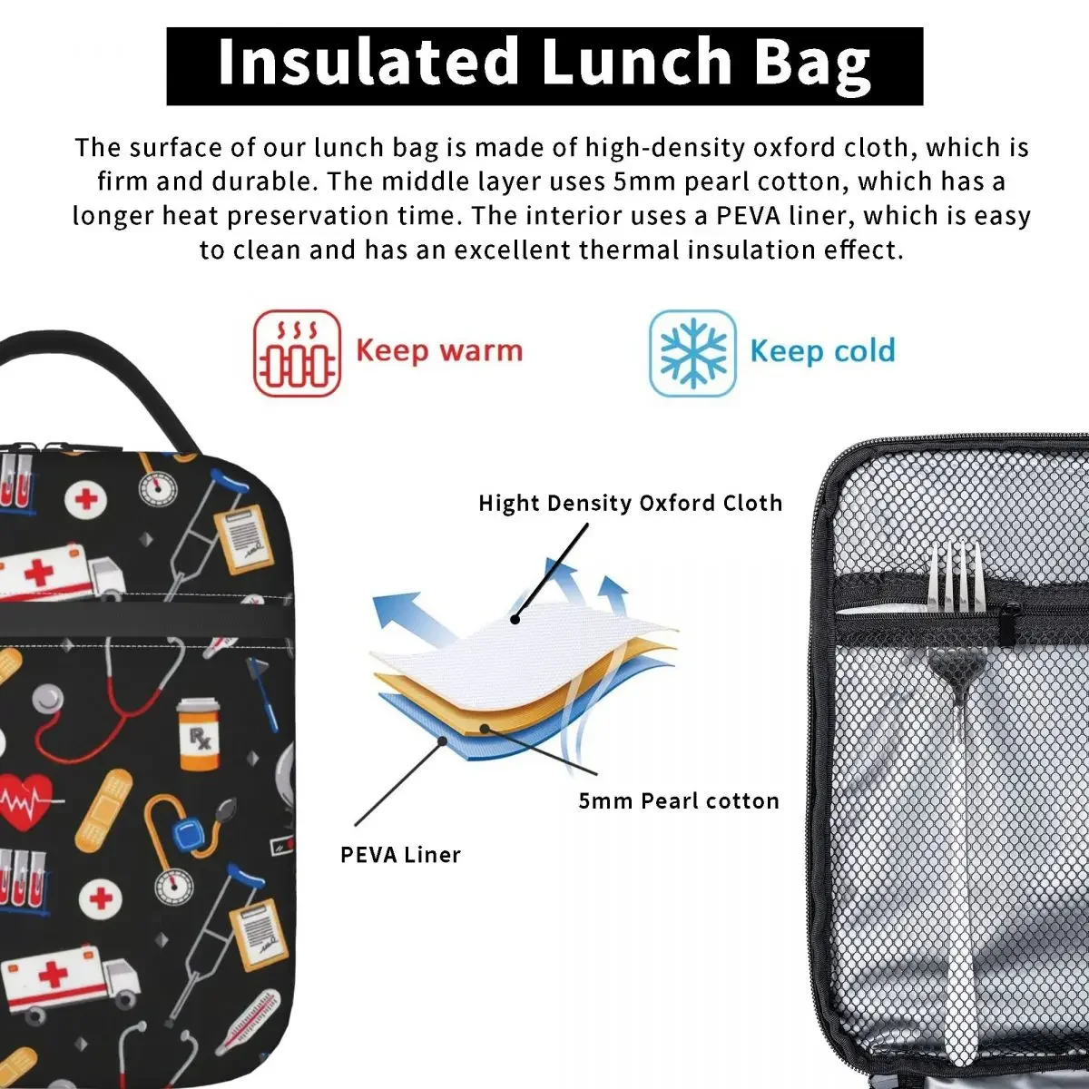 Cute Medical Supplies Insulated Lunch Bag Cooler Bag Meal Container Nurse Lunch Box Tote Food Storage Bags Work Travel