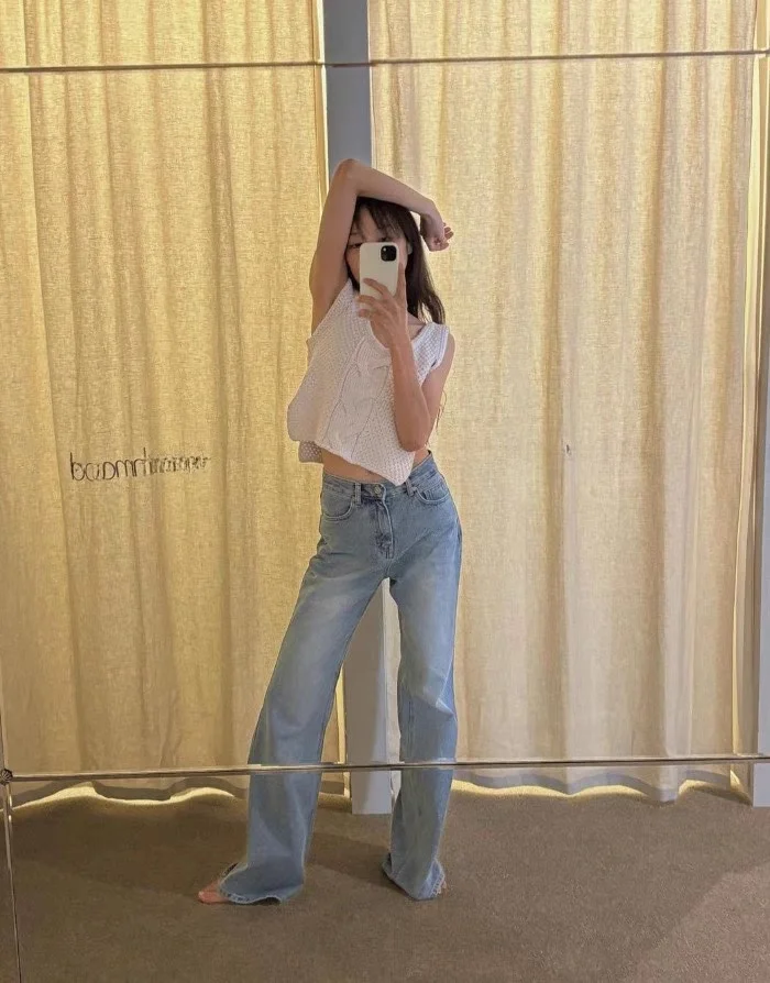 

Casual Loose High Waist Light Blue Waed Bell Bot Jeans Long Pants Dragging on the und Denim Blue High Waist Long Jeans