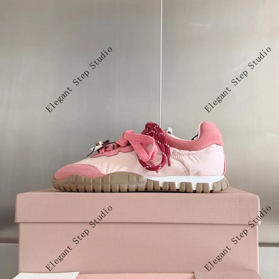 

Women's Shoes Pink Technical Fabric Suede Sneakers Double Laces Retro Tyre
