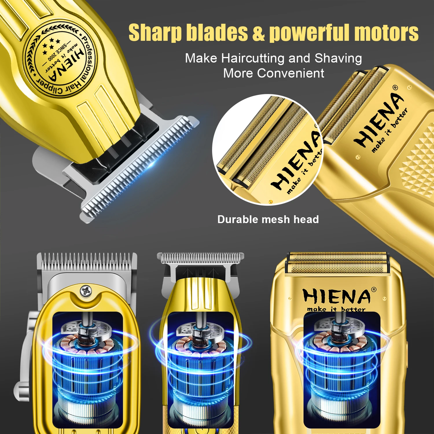 HINEA Hair cutting machine hair clipper Professional Rechargeable USB Hair Clipper Set with Display (Gold) for men Beauty tools