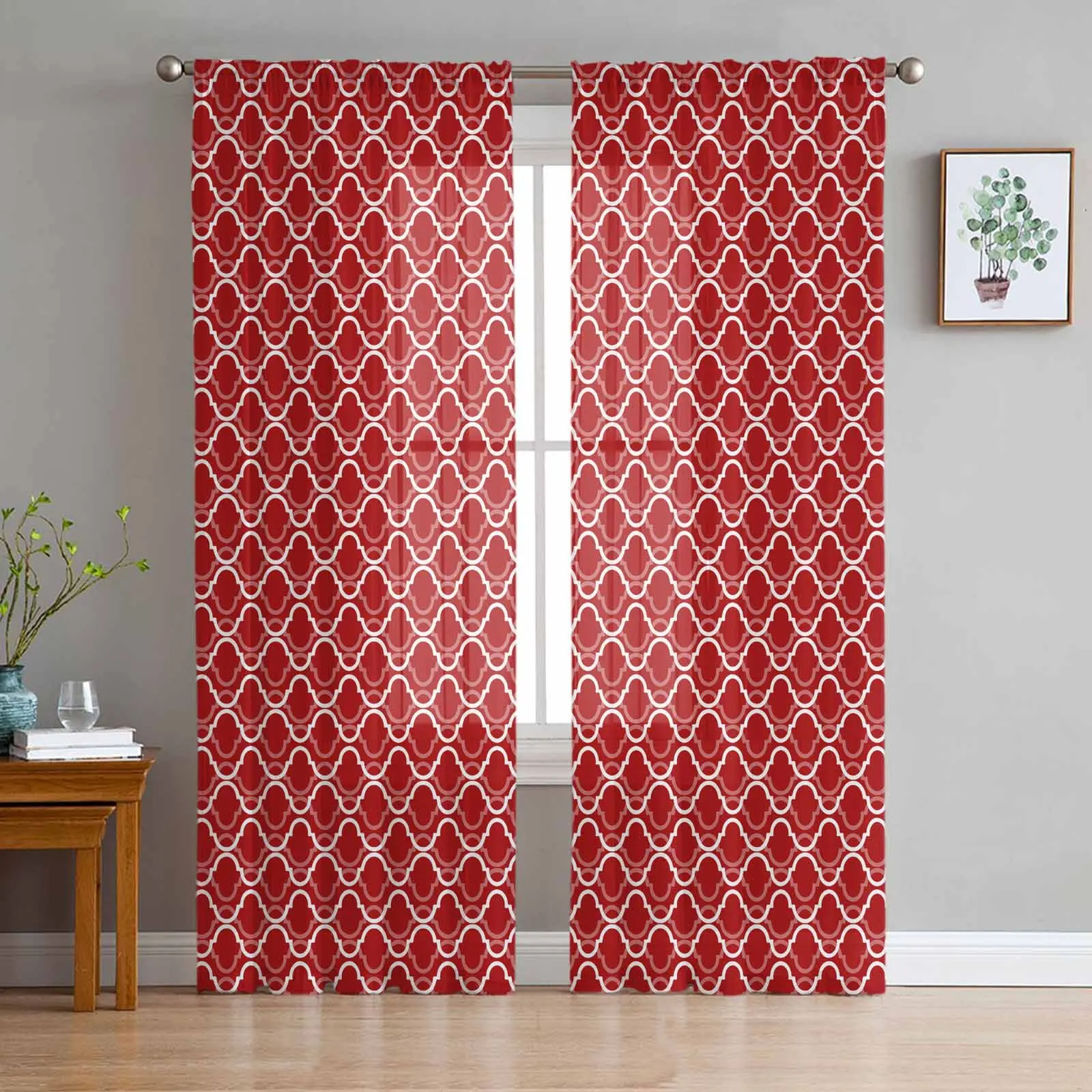 

Red Geometric Figures Moroccan Pattern Voile Curtains for Bedroom Window Tulle Curtain for Living Room Sheer Blinds Drapes