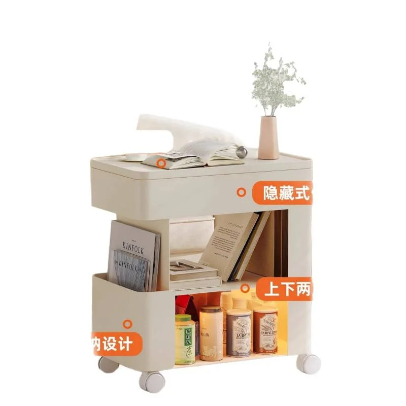 Cream sofa side table, movable coffee table, side cabinet, living room trolley storage rack, nightstand
