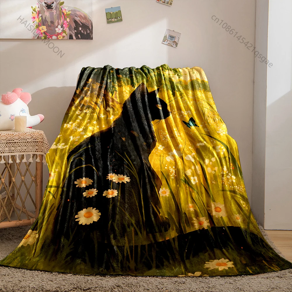 Black cat butterfly sunny meadow daisies Print Blanket Warm Soft Fluffy Kids and Adult Sofa Bed Throw Outdoor Travel Camping