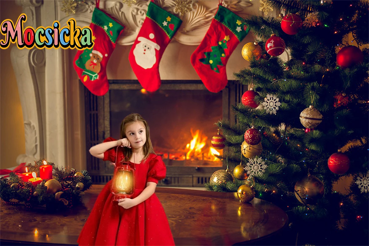 

Christmas Photography Background Decor Fireplace Xmas Tree Socks Party Family Portraits Photoshoot Backdrop Studio Custom Props