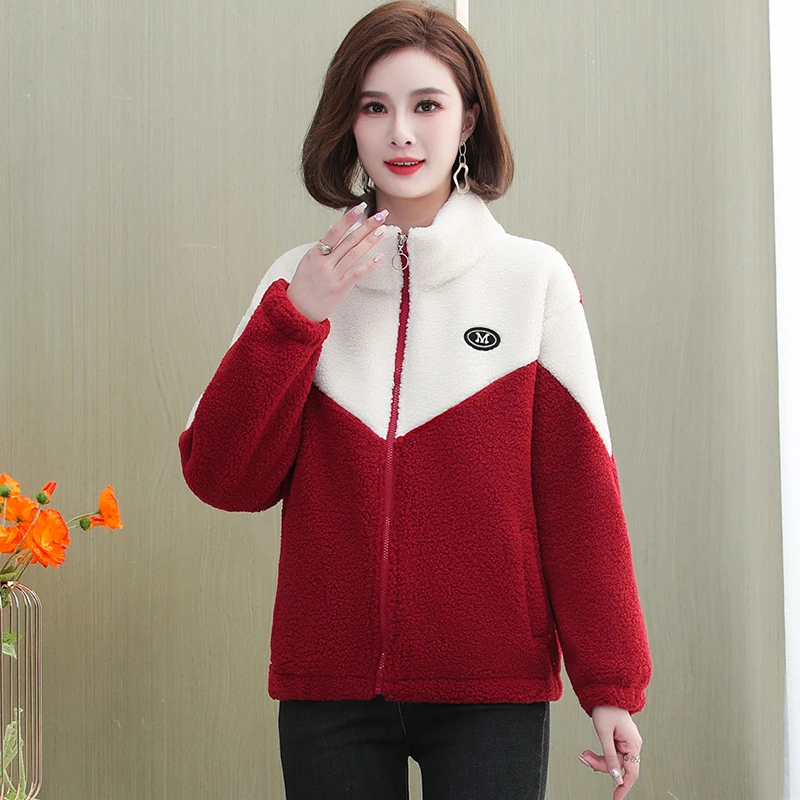 

New Winter Cashmere Thicke Parka Women Granular Cashmere Outwear Fashion Loose Casual Lambswool Jacket Female Stand Collar Tops