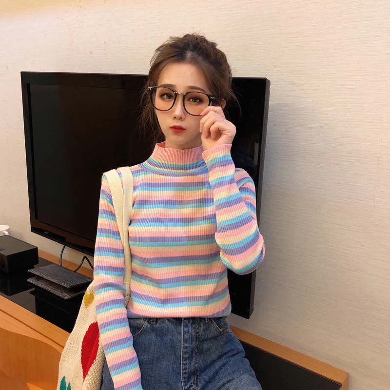 Winter Rainbow Knitted Women Sweaters And Long Sleeve Turtleneck Casual Pullovers Sueter Mujer Tops Korean Striped Acrylic Jumpe