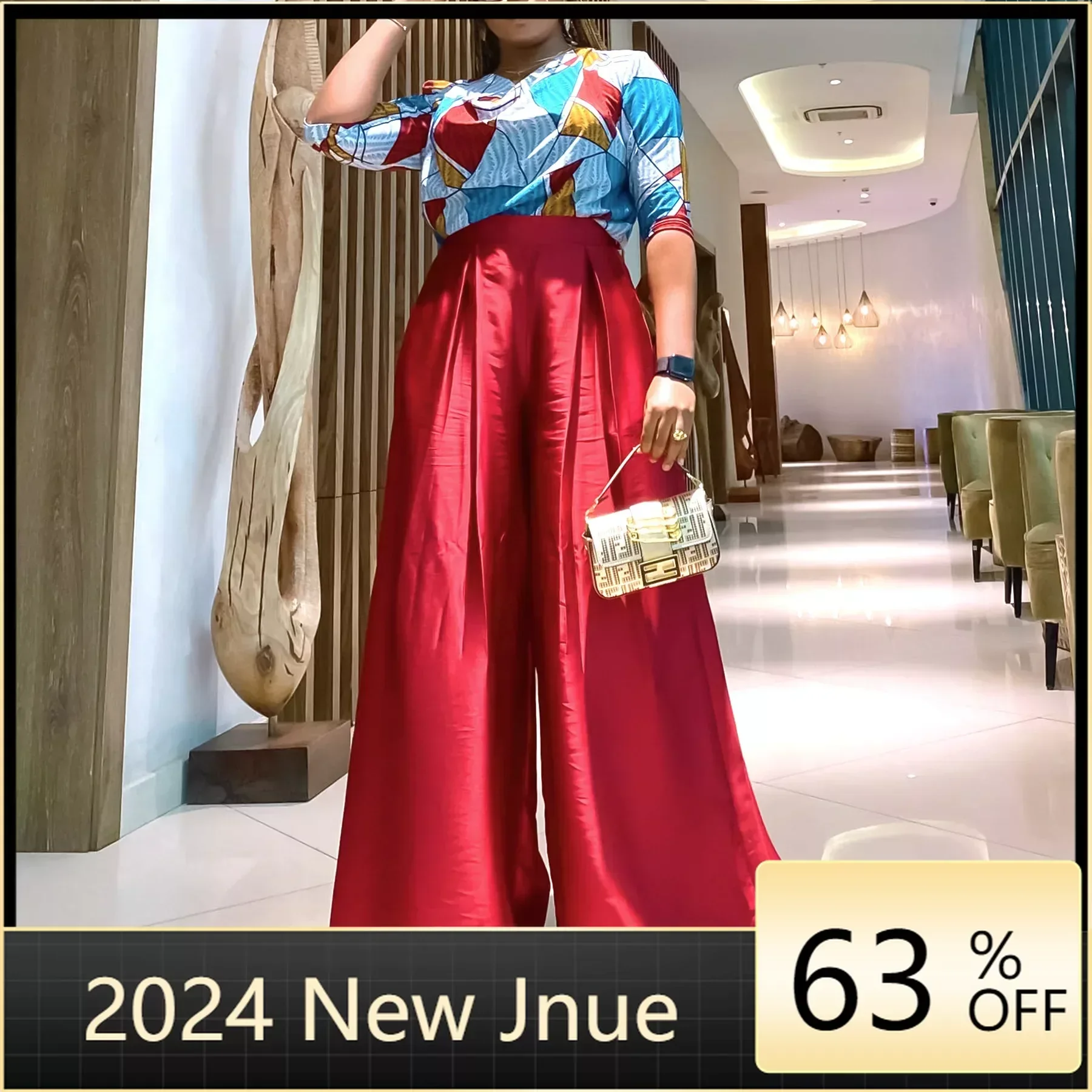 

Summer Fashion Printed Two Piece Set African Women Casual Printed Top Wide Leg Pants Satin Two Piece Set Women