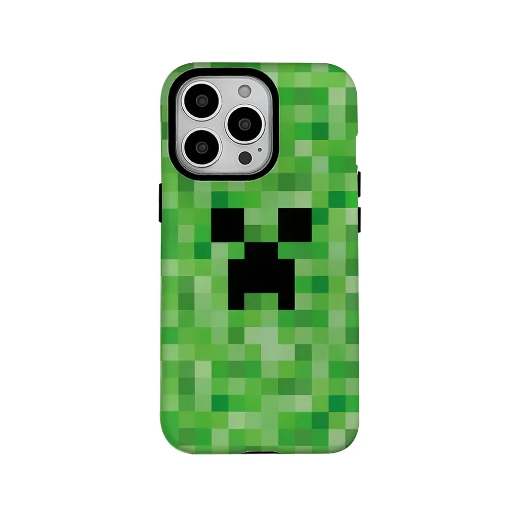 Green Pixel Monster Cartoon Phone Case for iPhone 16 15 14 13 12 11 Pro Max XS XR XSMax 6 7 8 Plus Glossy HD Hard PC Cover