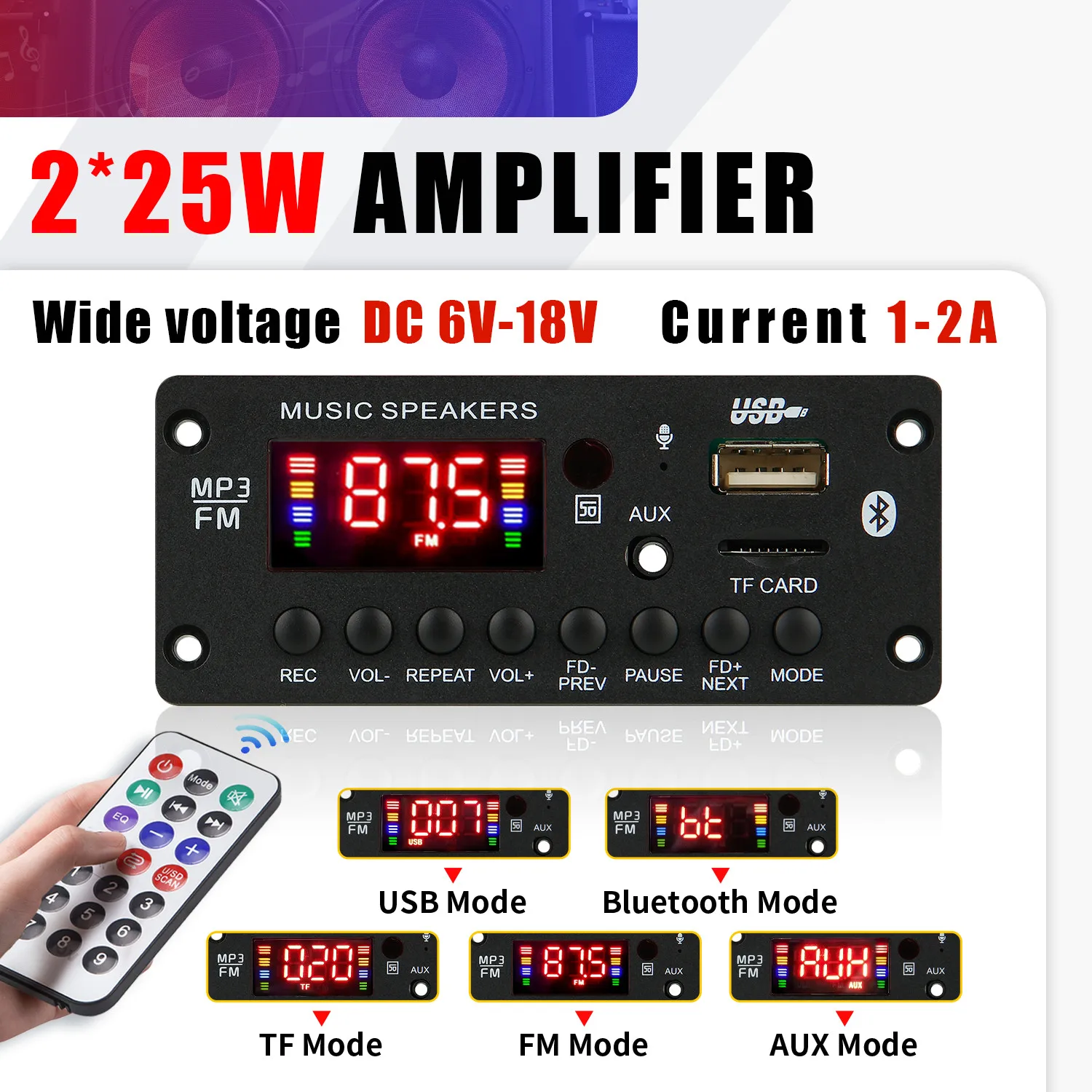 ARUIMEI 50W Amplifier 12V MP3 Decoder Board Bluetooth 5.0 25W Car MP3 Player USB Recording Module FM AUX Radio For Speaker