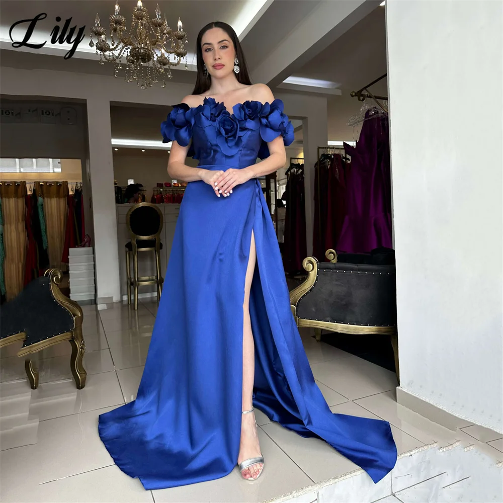 

Lily Royal Blue Prom Dresses Off Shoulder Gala Dresses Floral Embellishments Saudi Arabic with Side Slit Party Gown Customized
