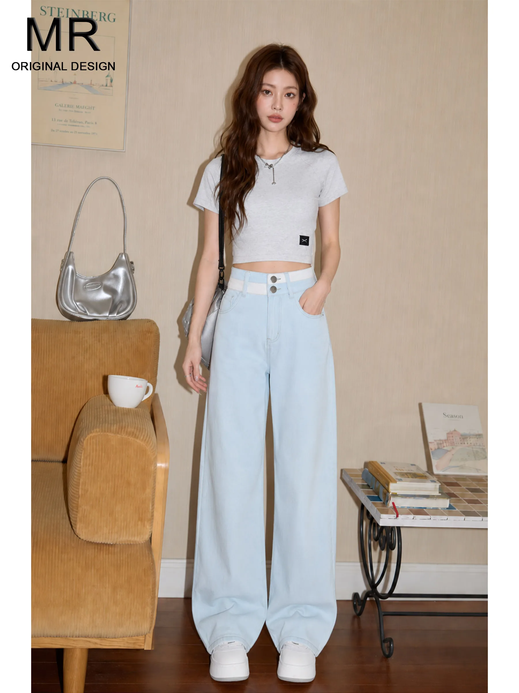 

Blue American High Waist Wide Leg Jeans Women's Loose Drapey Summer Slimming Lazy Style Floor-Length Pants Casual Wear