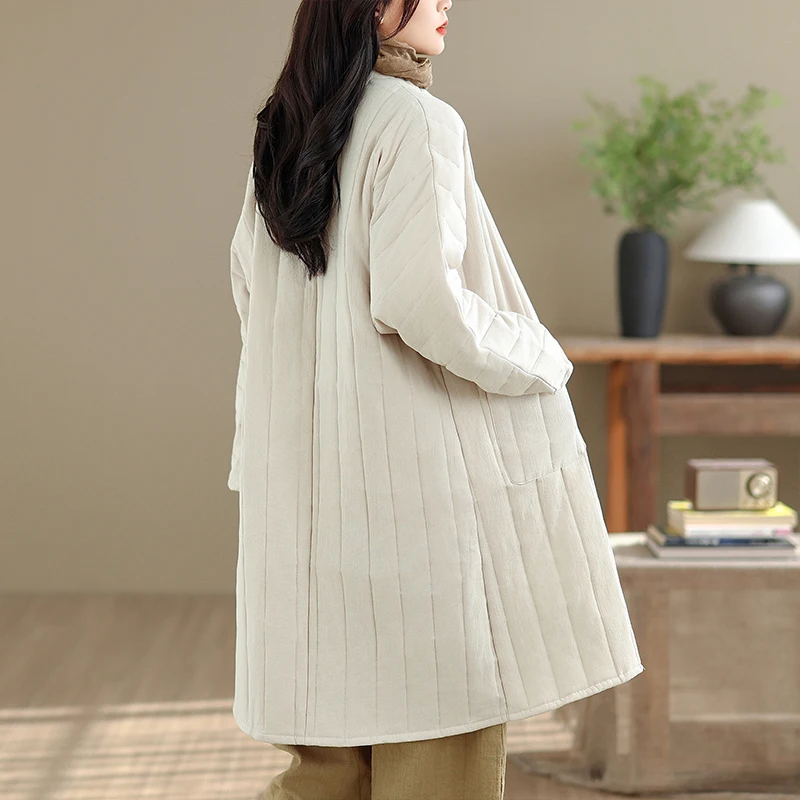 جديد الصينية Sle المرأة Thiened القطن Jaet شتاء جديد الكتان منتصف طول الرجعية زر القطن معطف الركبة طول اللون #4