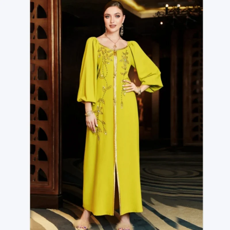 

Eid Muslim Lantern Sleeve Abaya Dress Caftan Embroidery Bandage Dresses Diamond Elegant Vestidos Abaya Party Kaftan Ramadan
