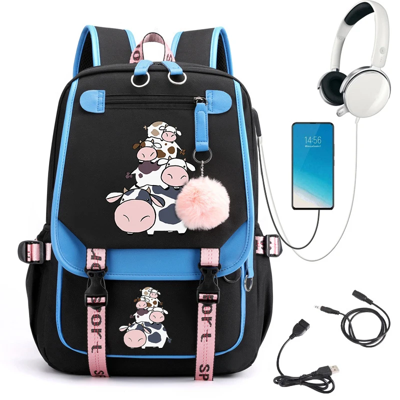 Krowa tornister dla dziewcząt Anime o dużej pojemności plecak studencki wysokiej plecak szkolny dla uczniów torby plecak studencki Cartoon bag back Usb Kawaii bag