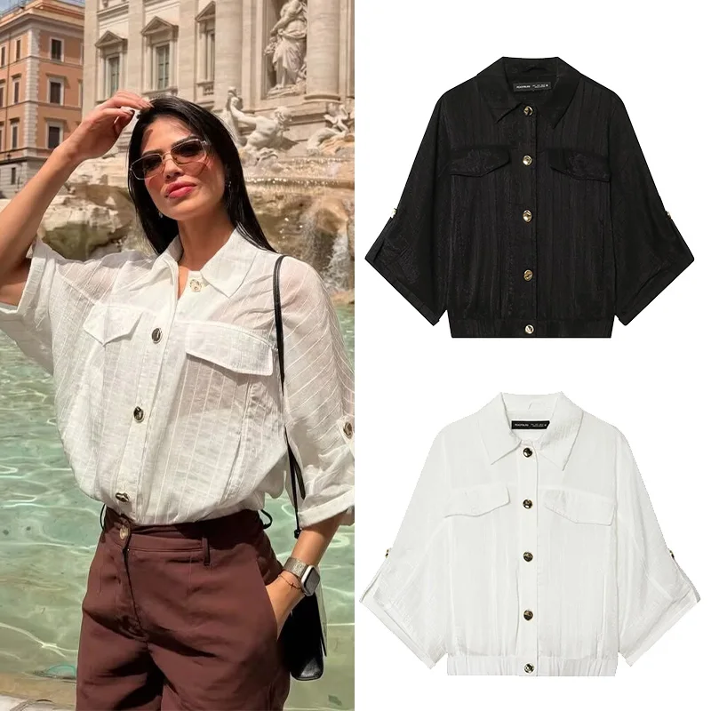 

Women's Safari Blouse New 2026 Summer Simple Women Button Rolled-Up Sleeves Solid Color Shirt Female Chic Shirts & Blousers