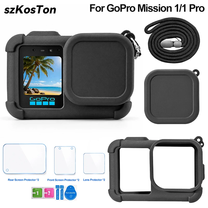 Protective Silicone Case for GoPro GoPro MISSION 1 PRO/1 Tempered Glass Screen Protector Film Lens Cap Cover For GoPro Accessory