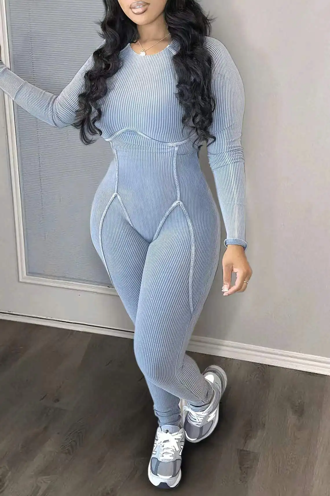 Kombinezon damski Moda z długim rękawem 2024 Wiosna Casual Solidny Okrągły dekolt Skinny Codzienny Długi Kombinezon Y2K Streetwear