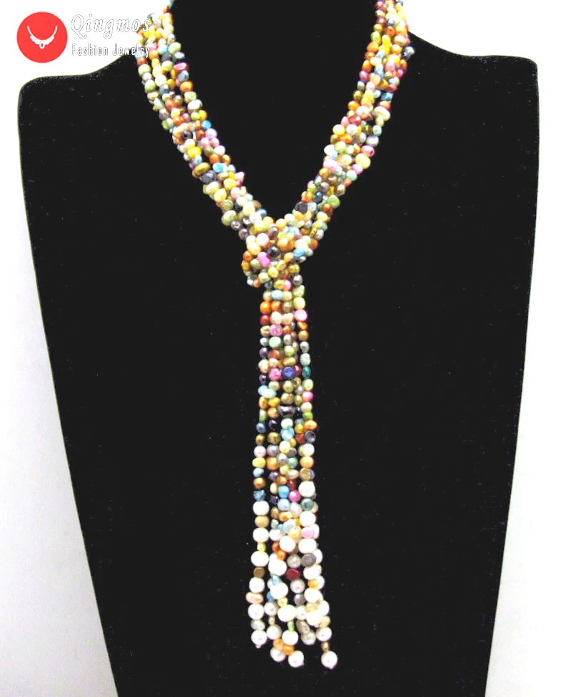 Qingmos Natural Multicolor Pearl Necklace for Women Jewelry with 5mm Baroque Pearl Sweater Necklace Long Necklace 3 Strands 45
