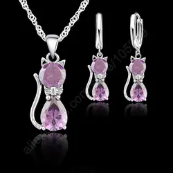 Hot Fashion Silver CZ Jewelry Sets 925 Silver  Cute Cat Shaped Necklace Hoop Earring Set For Women/girls Gifts