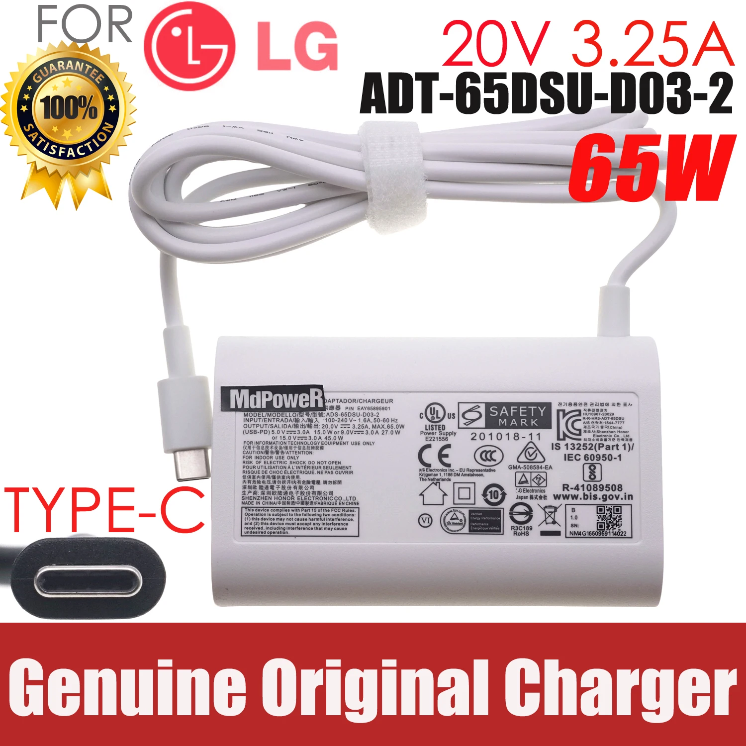 

20V 3.25A 65W USB Type C ADT-65DSU-D03-2 ADT-65FSU-D03-EPK EAY65895911 Original AC Adapter Charger For LG gram 15Z90Q-P.ADB9U1