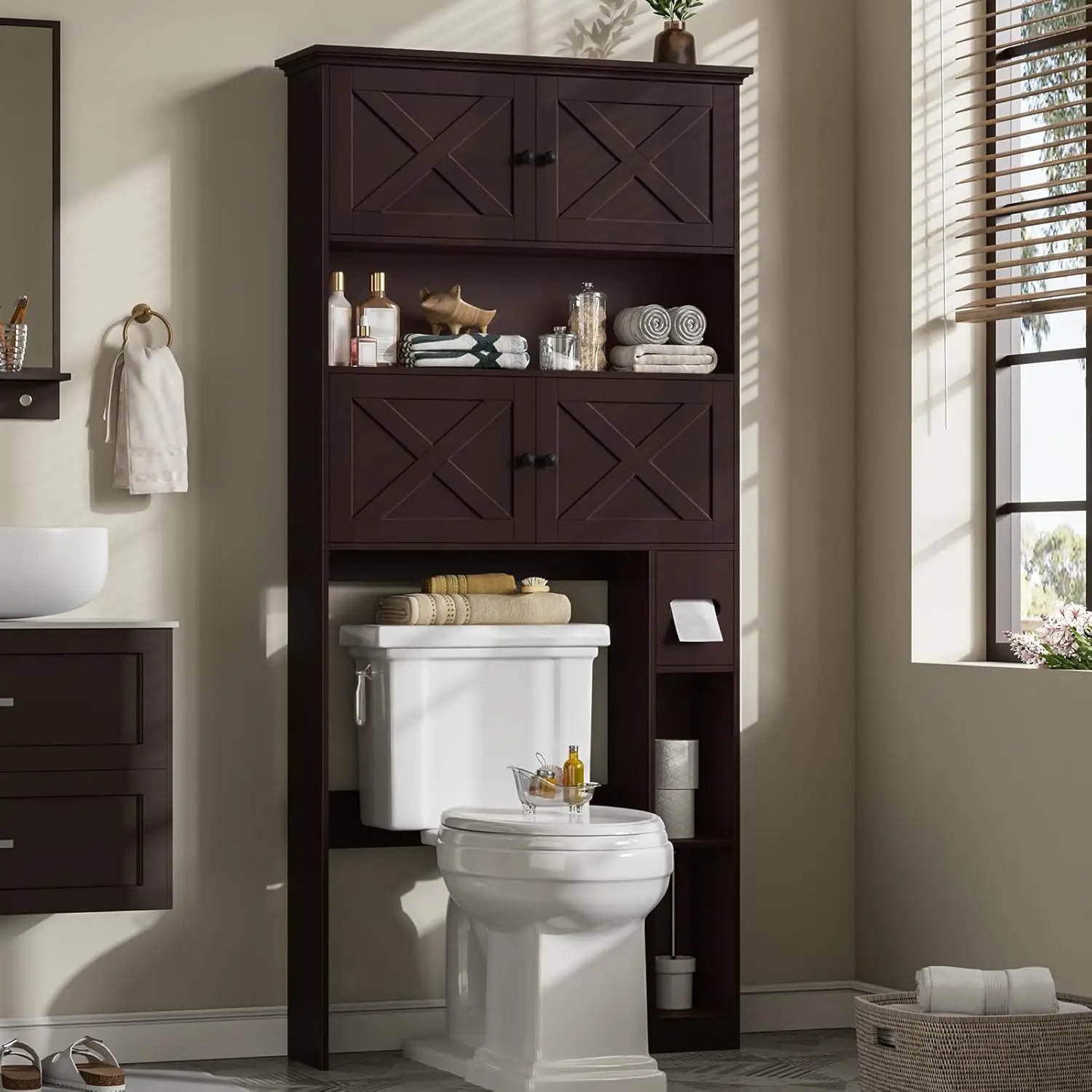 

Over The Toilet Storage Cabinet, Farmhouse Storage Cabinet Over Toilet with 4 Barn Doors & Toilet Paper Holder Stand, Espress