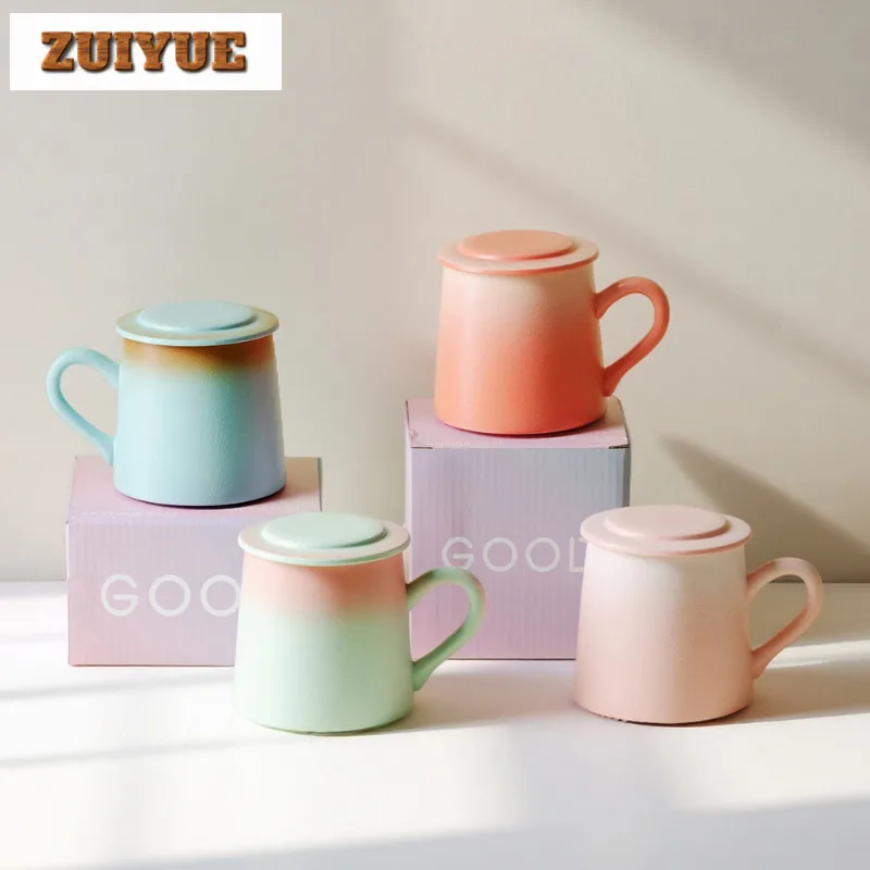 

320ml Gradient Color Coffee Mug Couple Handgrip Cups Afternoon Tea Mug Personal Office Water Cup Teaware Gift With Lid Spoon