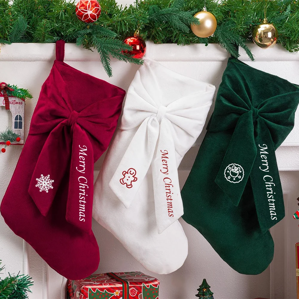 

Бархатные рождественские чулки с бантом, семейные рождественские праздничные чулки для мешка Санта-Клауса, детский подарок, декор на канун Рождества, камин, чулки