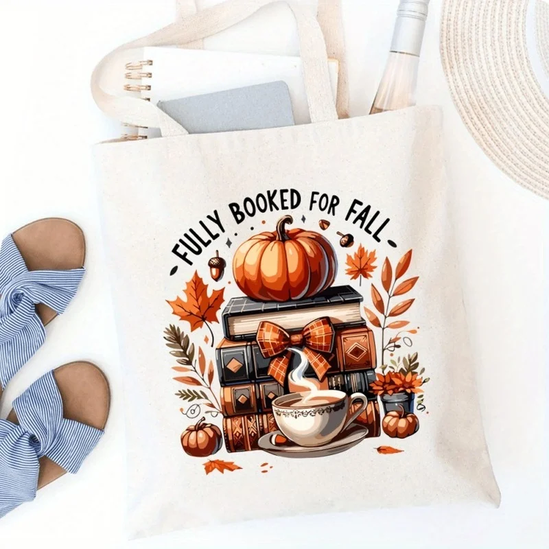 Fully Booked For Fall Canvas Tote Bag Pumpkin Book Coffee Autumn Leaf Print Casual Reusable Women Shoulder Shopping Bag