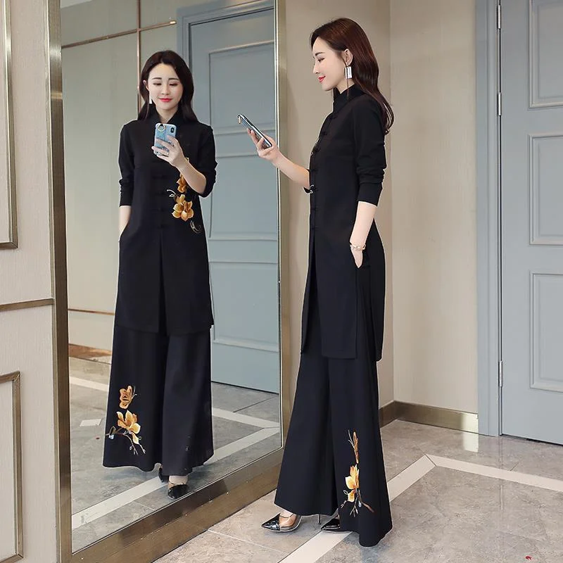 Ethnic Style Modified Cheongsam set for 2025 Spring and Autumn With a Sense of Falling Wide leg Pants Mom's Retro Two-Piece Set